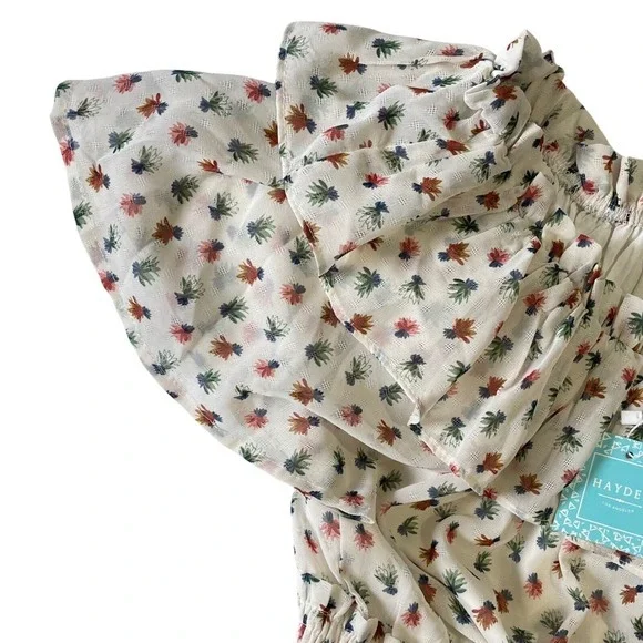 NWT Hayden Floral Cream Mini Dress Smock Ruffle Short Sleeve M Y2K Boho Whimsy - Picture 6 of 9